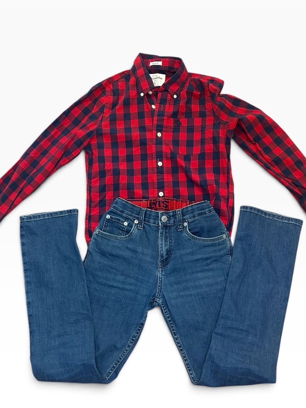 Abercrombie Kids Red Plaid Button Down and Levi’s Jeans (511) Size L/14